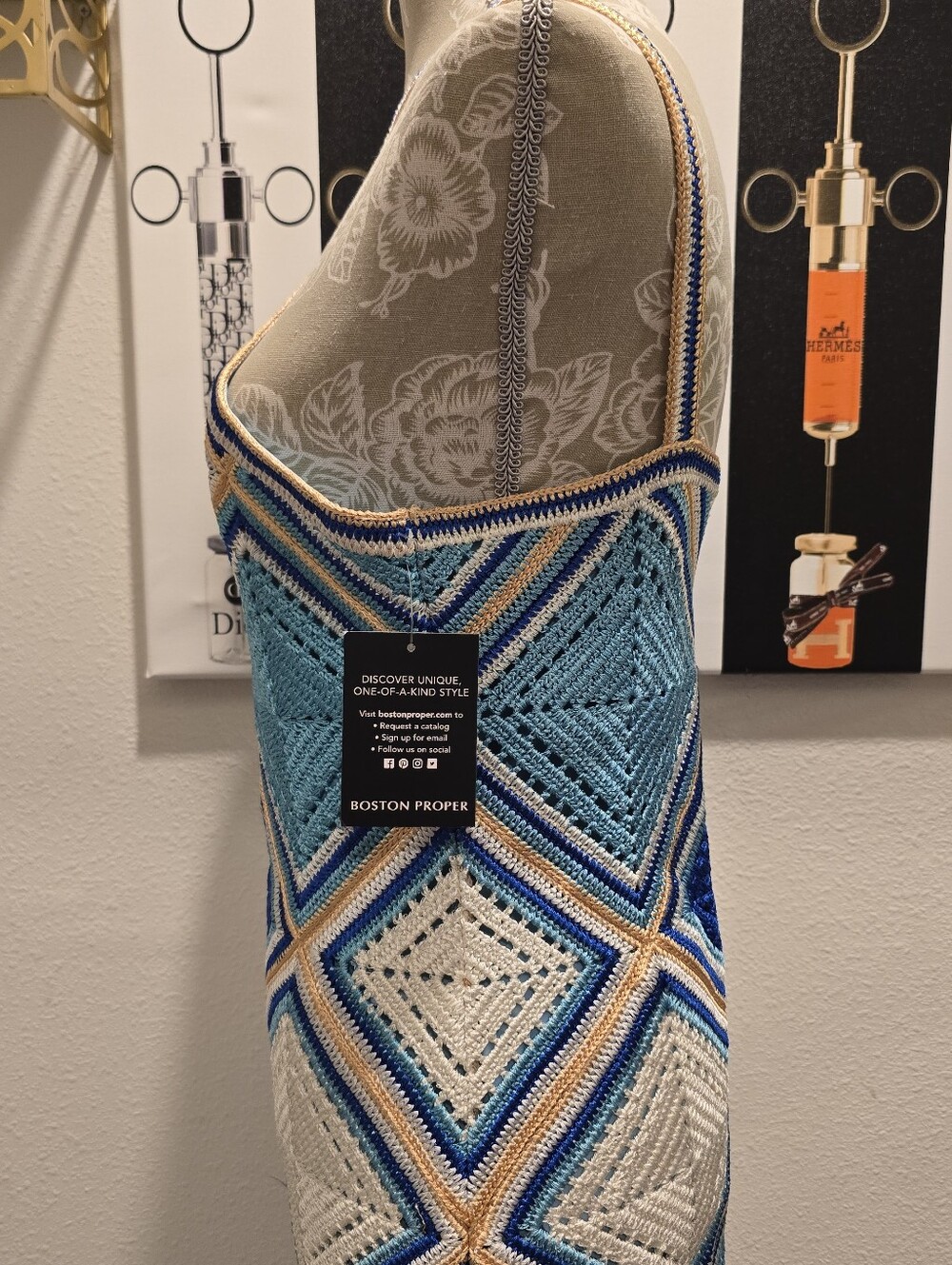 Boston Proper Midi Blue & Cream Crochet Dress with Fringe - Picture 4 of 13